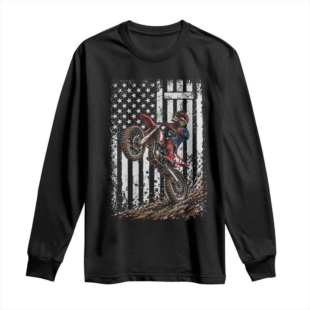 Dirt Bike Christian Cross American Flag Long Sleeve Shirt Distressed Motocross Faith Off Road Motocross Wheelie