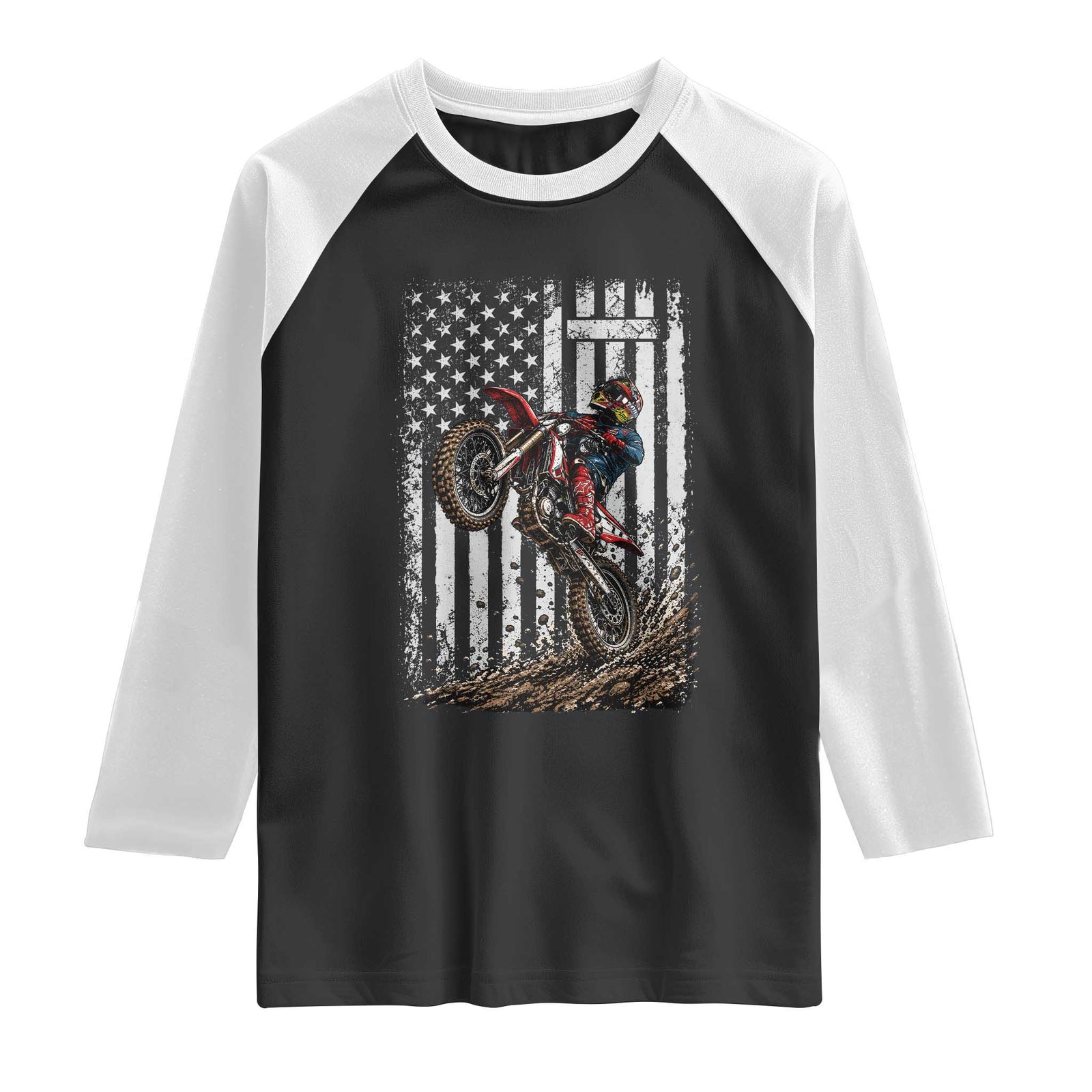 Dirt Bike Christian Cross American Flag Raglan Shirt Distressed Motocross Faith Off Road Motocross Wheelie