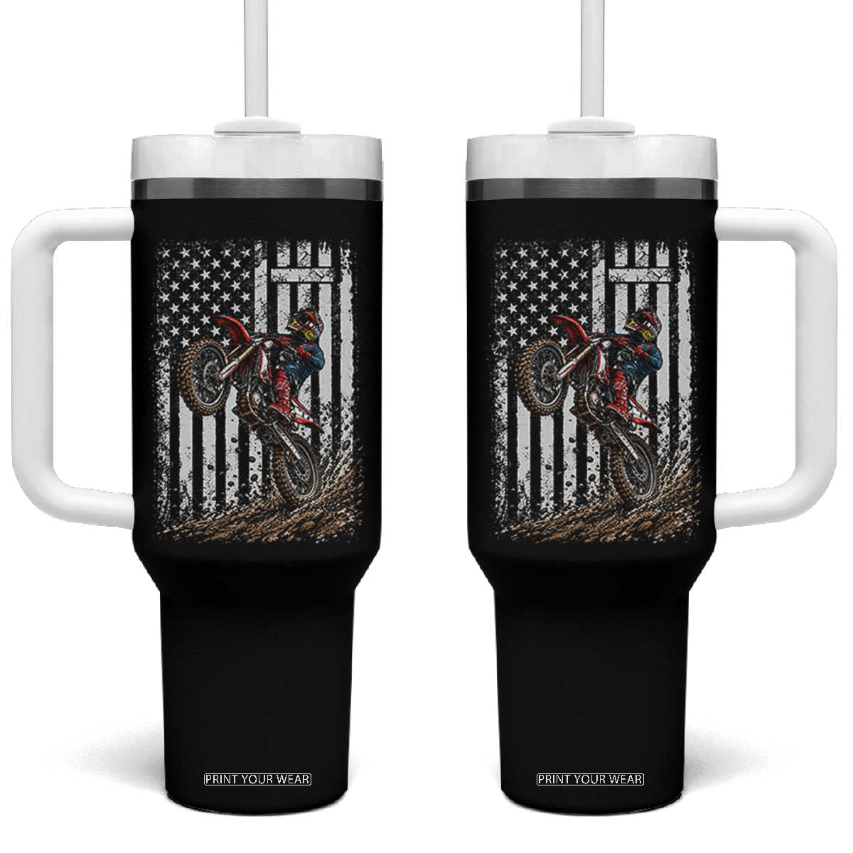 Dirt Bike Christian Cross American Flag Tumbler With Handle Distressed Motocross Faith Off Road Motocross Wheelie