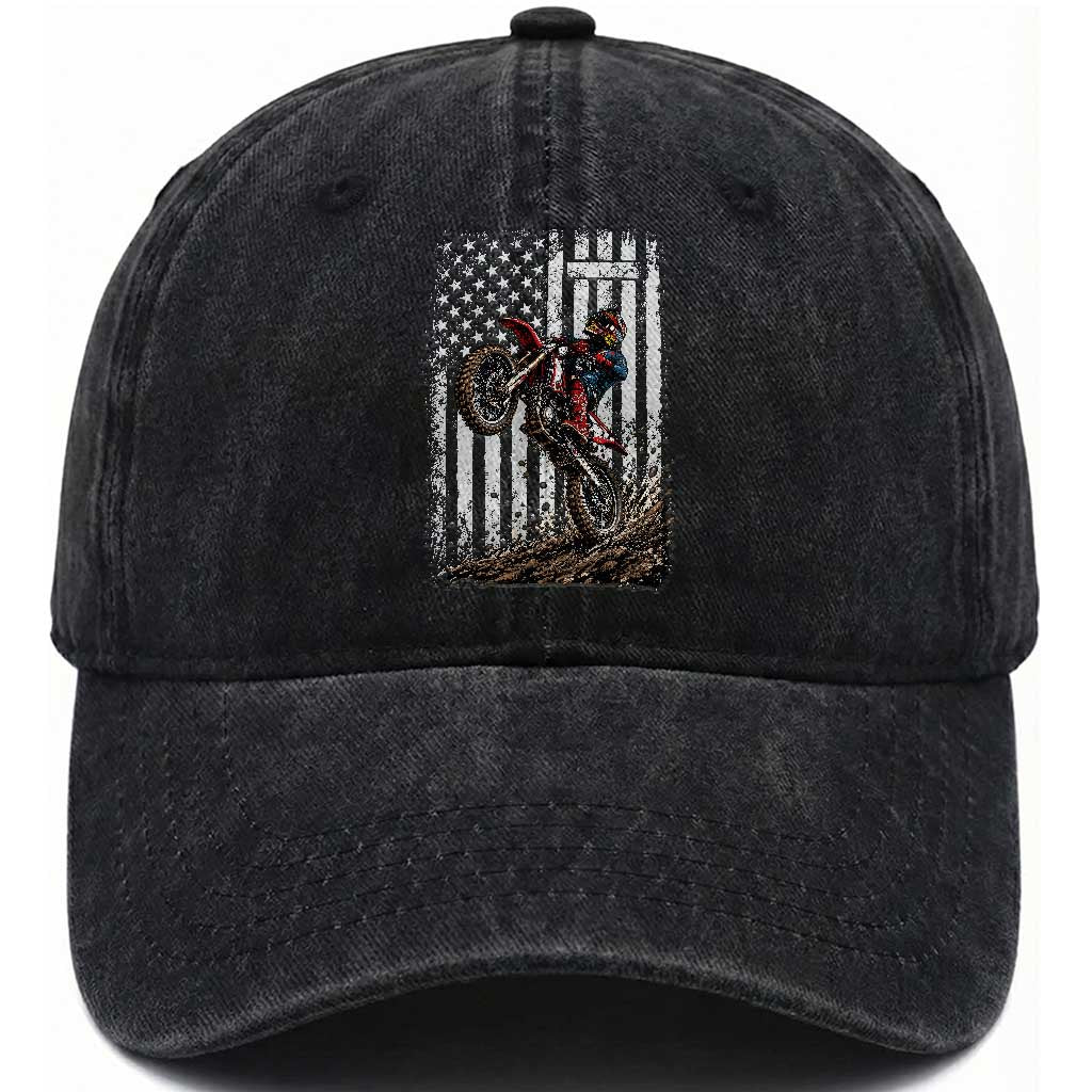 Dirt Bike Christian Cross American Flag Washed Cotton Baseball Cap Distressed Motocross Faith Off Road Motocross Wheelie