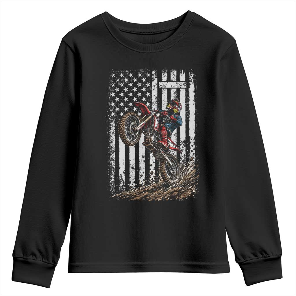 Dirt Bike Christian Cross American Flag Youth Sweatshirt Distressed Motocross Faith Off Road Motocross Wheelie