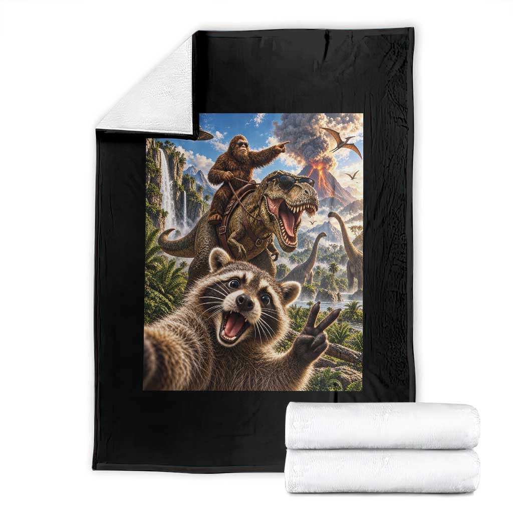 Raccoon Selfie Bigfoot Riding Dinosaur UFO Prehistoric Graphic Throw Blanket
