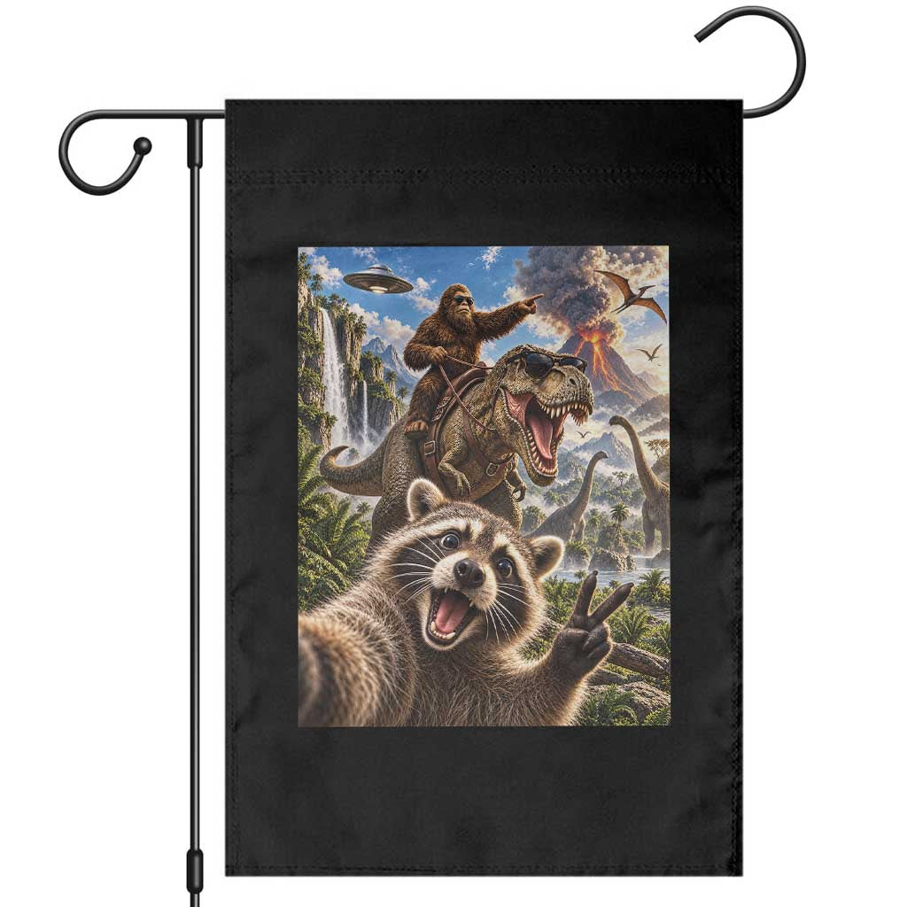 Raccoon Selfie Bigfoot Riding Dinosaur UFO Prehistoric Graphic Garden Flag