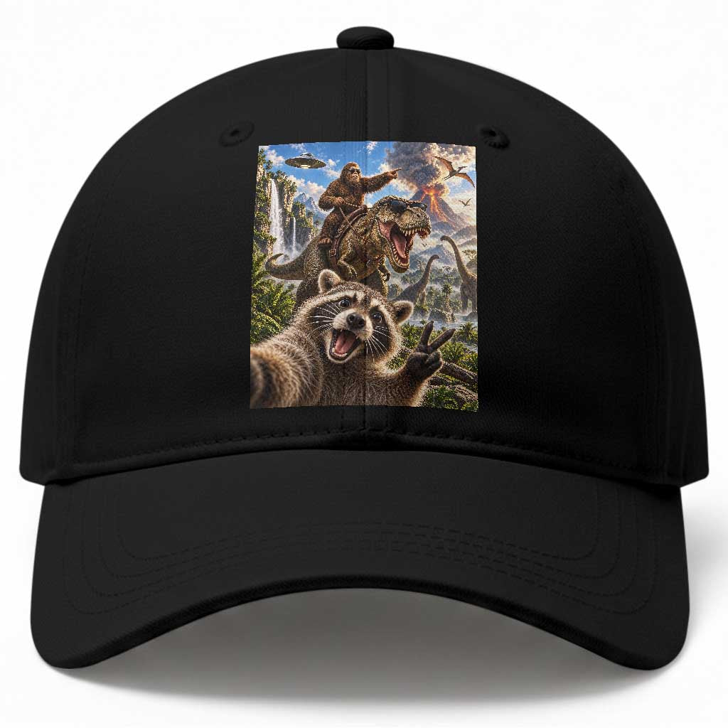 Raccoon Selfie Bigfoot Riding Dinosaur UFO Prehistoric Graphic Baseball Cap