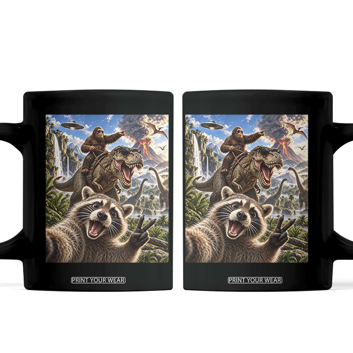Raccoon Selfie Bigfoot Riding Dinosaur UFO Prehistoric Graphic Coffee Mug