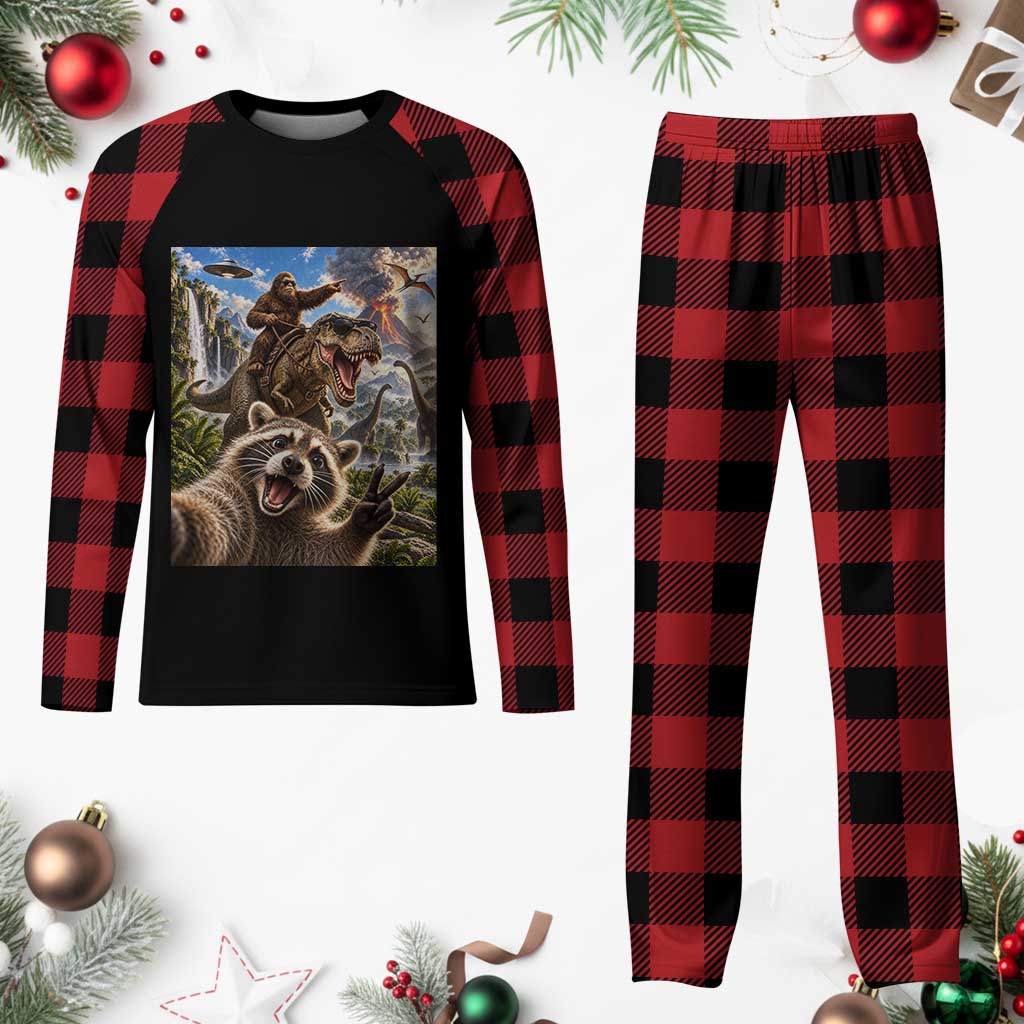 Raccoon Selfie Bigfoot Riding Dinosaur UFO Prehistoric Graphic Plaid Pajama Set