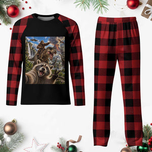 Raccoon Selfie Bigfoot Riding Dinosaur UFO Prehistoric Graphic Plaid Pajama Set