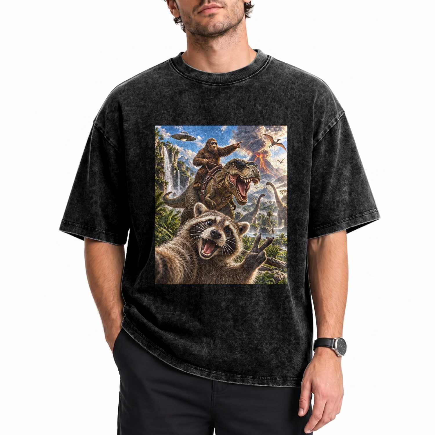 Raccoon Selfie Bigfoot Riding Dinosaur UFO Prehistoric Graphic Washed Cotton T-Shirt