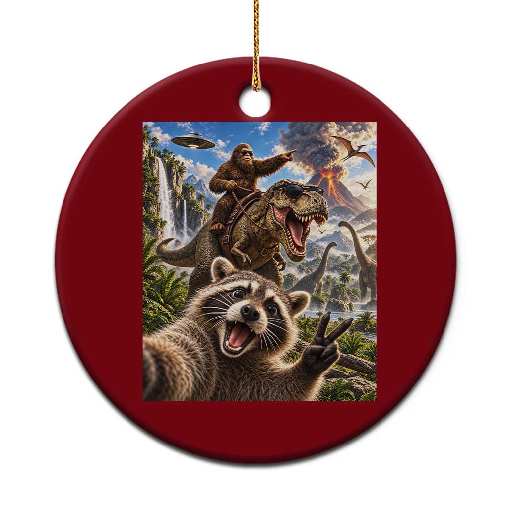 Raccoon Selfie Bigfoot Riding Dinosaur UFO Prehistoric Graphic Ceramic Ornament