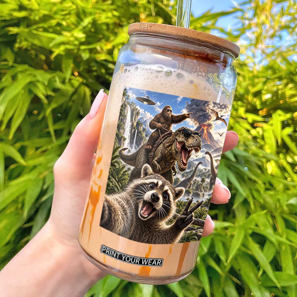 Raccoon Selfie Bigfoot Riding Dinosaur UFO Prehistoric Graphic Glass Can