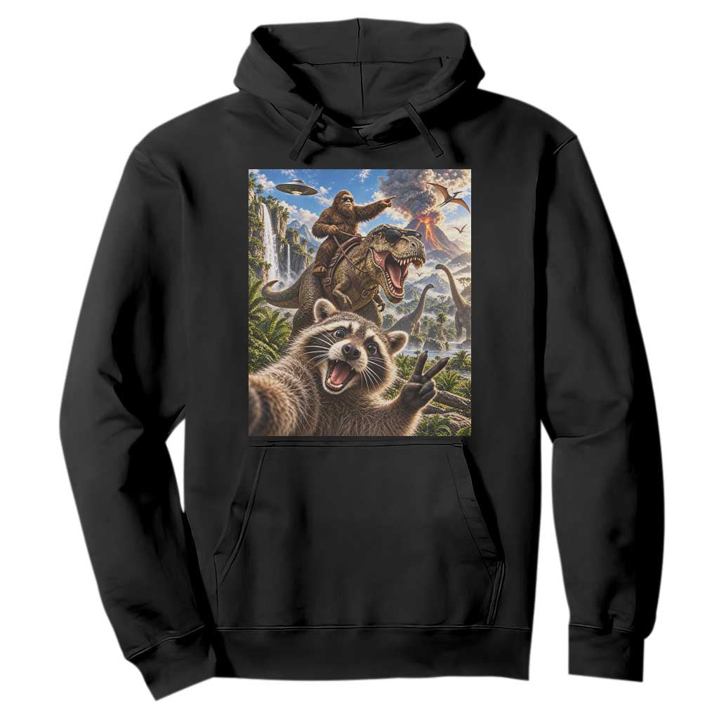 Raccoon Selfie Bigfoot Riding Dinosaur UFO Prehistoric Graphic Hoodie