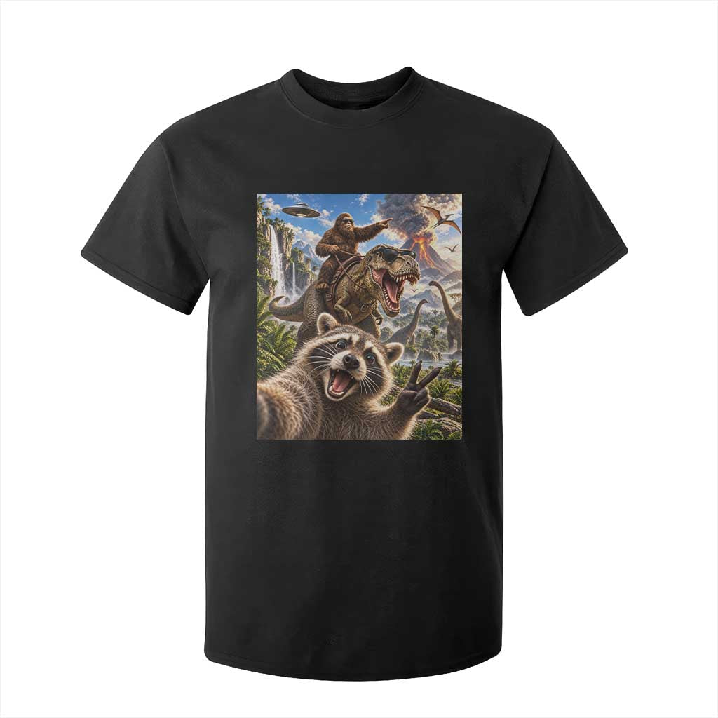 Raccoon Selfie Bigfoot Riding Dinosaur UFO Prehistoric Graphic T Shirt For Kid