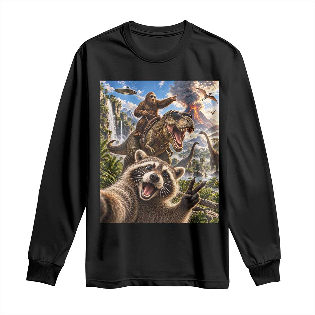 Raccoon Selfie Bigfoot Riding Dinosaur UFO Prehistoric Graphic Long Sleeve Shirt