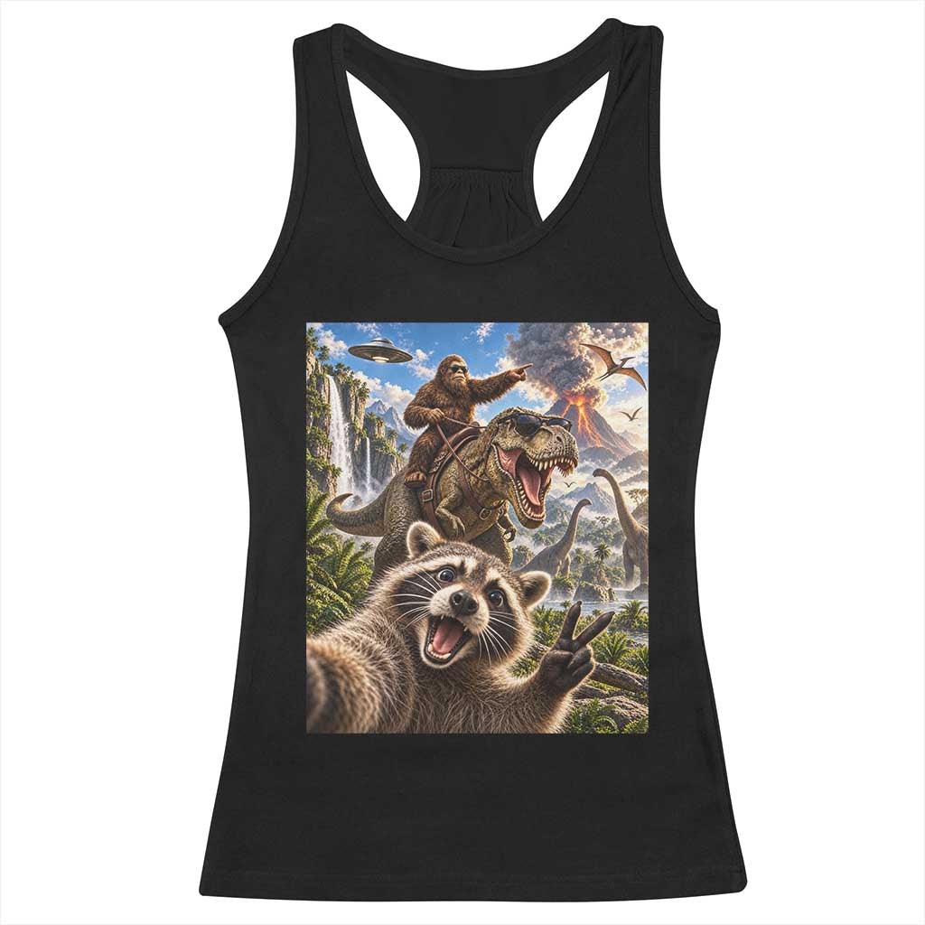 Raccoon Selfie Bigfoot Riding Dinosaur UFO Prehistoric Graphic Racerback Tank Top