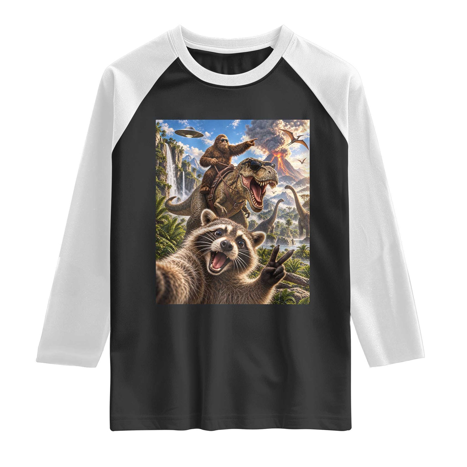 Raccoon Selfie Bigfoot Riding Dinosaur UFO Prehistoric Graphic Raglan Shirt