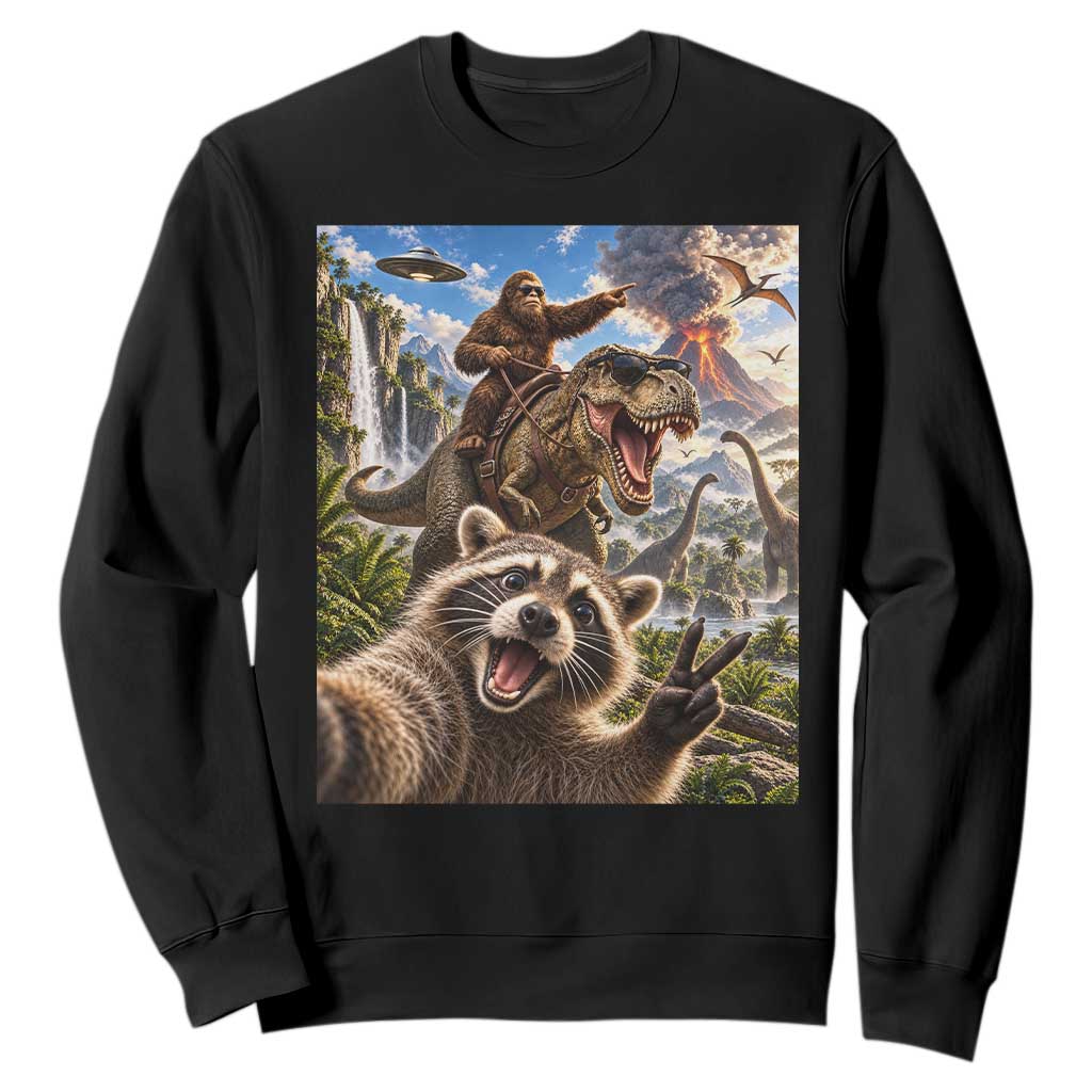 Raccoon Selfie Bigfoot Riding Dinosaur UFO Prehistoric Graphic Sweatshirt