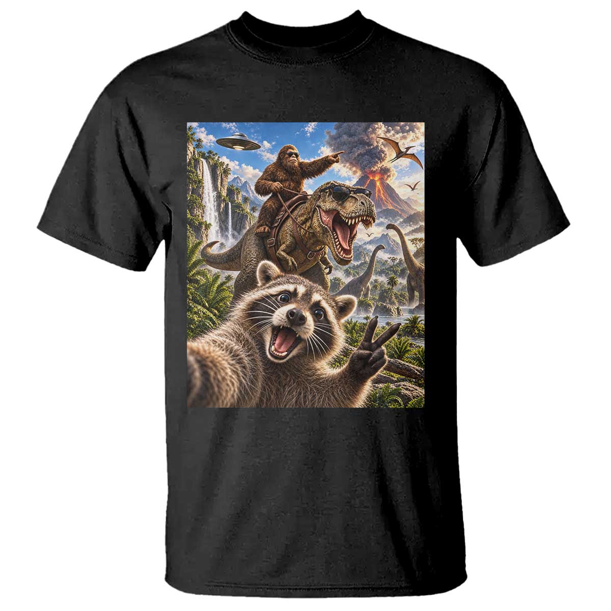 Raccoon Selfie Bigfoot Riding Dinosaur UFO Prehistoric Graphic T Shirt