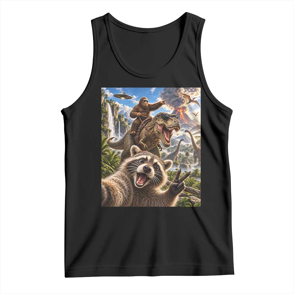 Raccoon Selfie Bigfoot Riding Dinosaur UFO Prehistoric Graphic Tank Top