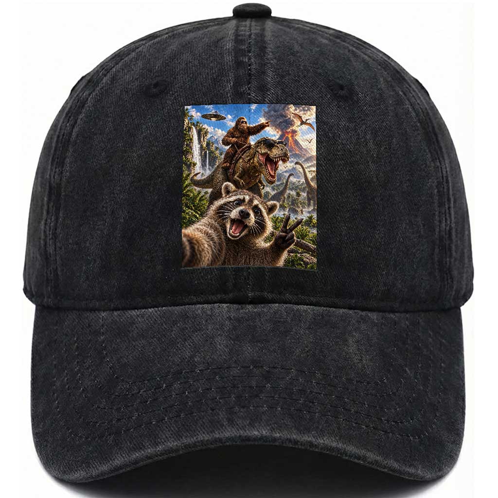 Raccoon Selfie Bigfoot Riding Dinosaur UFO Prehistoric Graphic Washed Cotton Baseball Cap