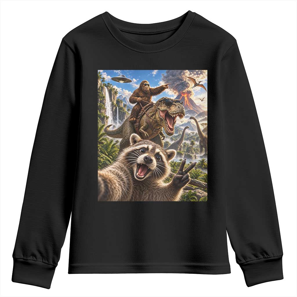 Raccoon Selfie Bigfoot Riding Dinosaur UFO Prehistoric Graphic Youth Sweatshirt
