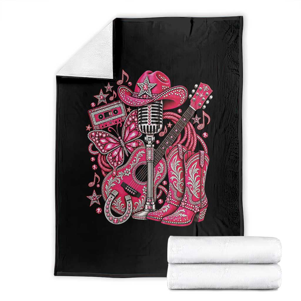 Pink Glam Cowgirl Boots Butterfly Rhinestone Country Music Tribute Throw Blanket