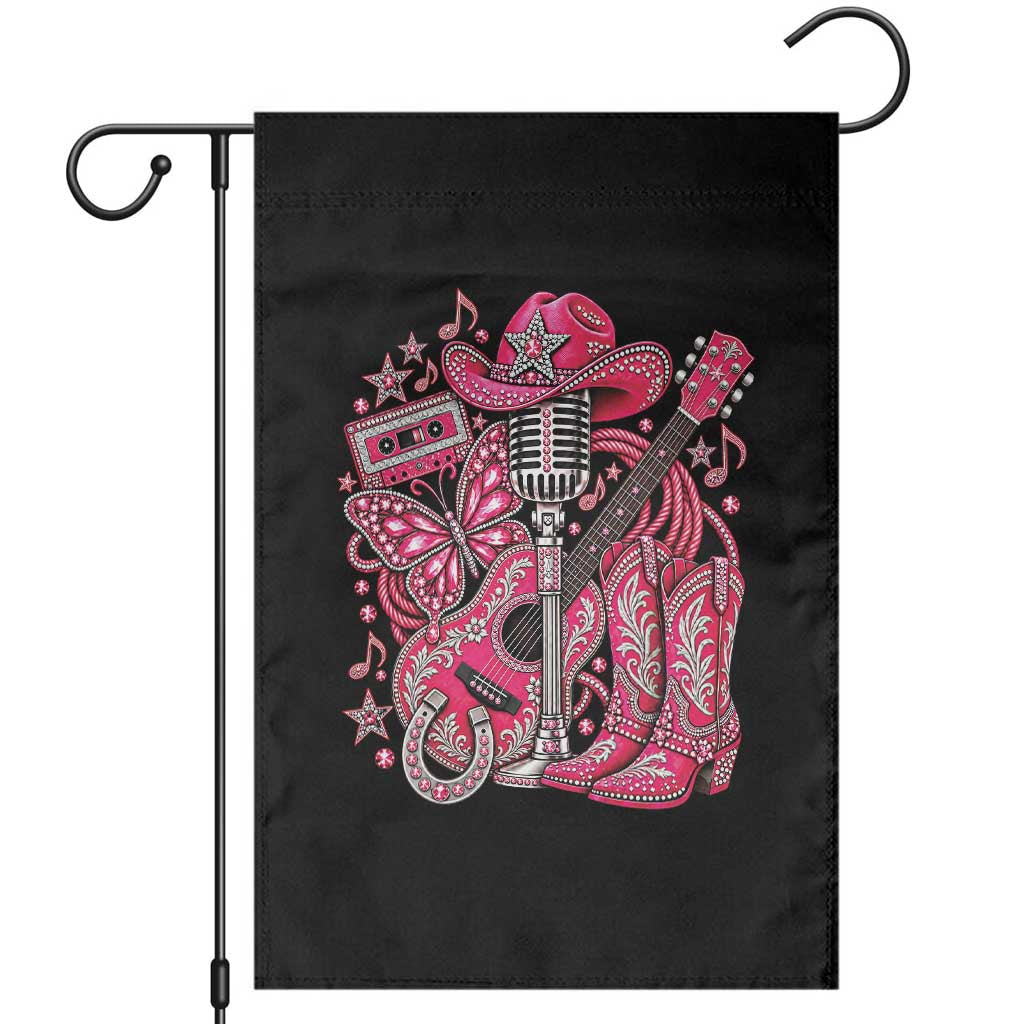 Pink Glam Cowgirl Boots Butterfly Rhinestone Country Music Tribute Garden Flag