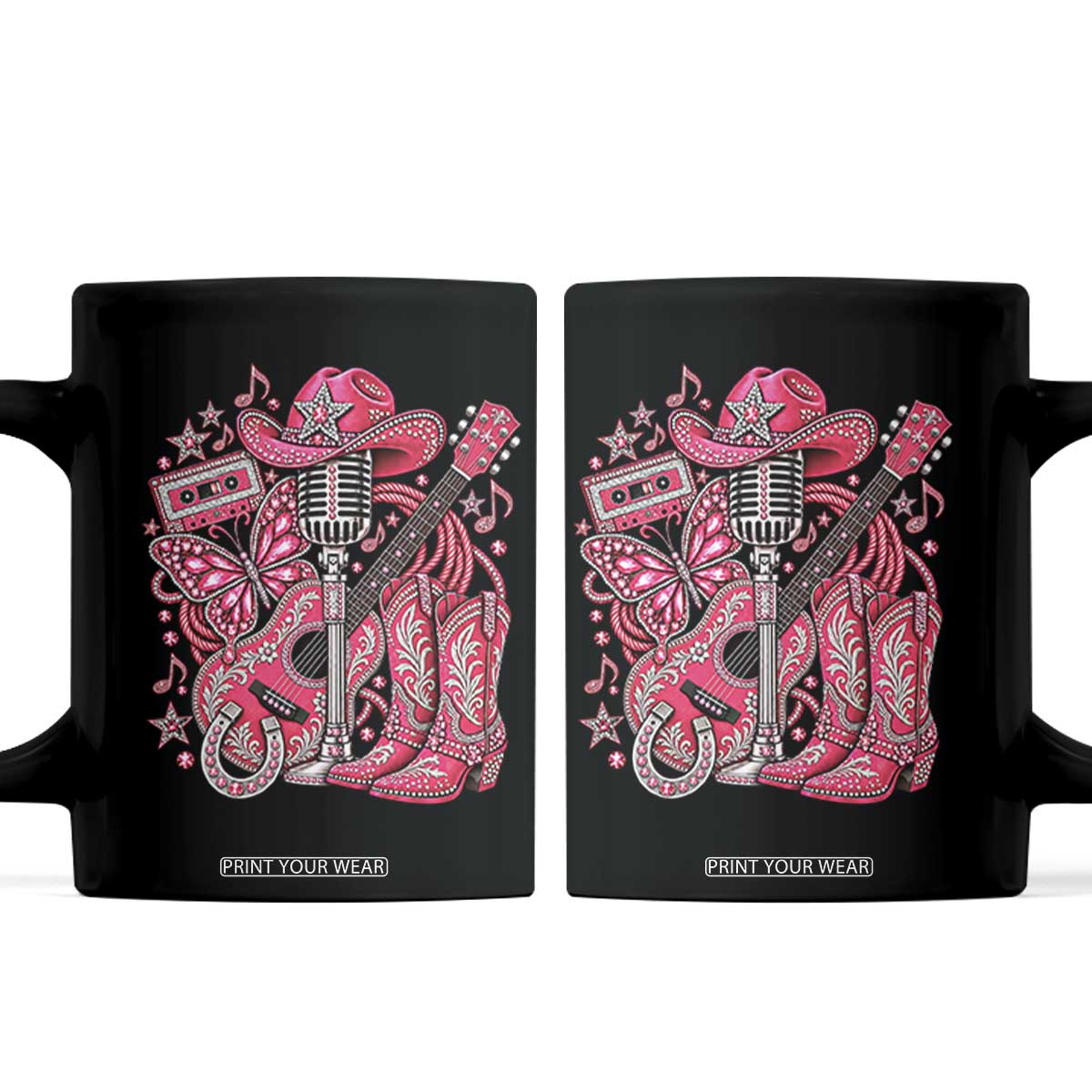 Pink Glam Cowgirl Boots Butterfly Rhinestone Country Music Tribute Coffee Mug