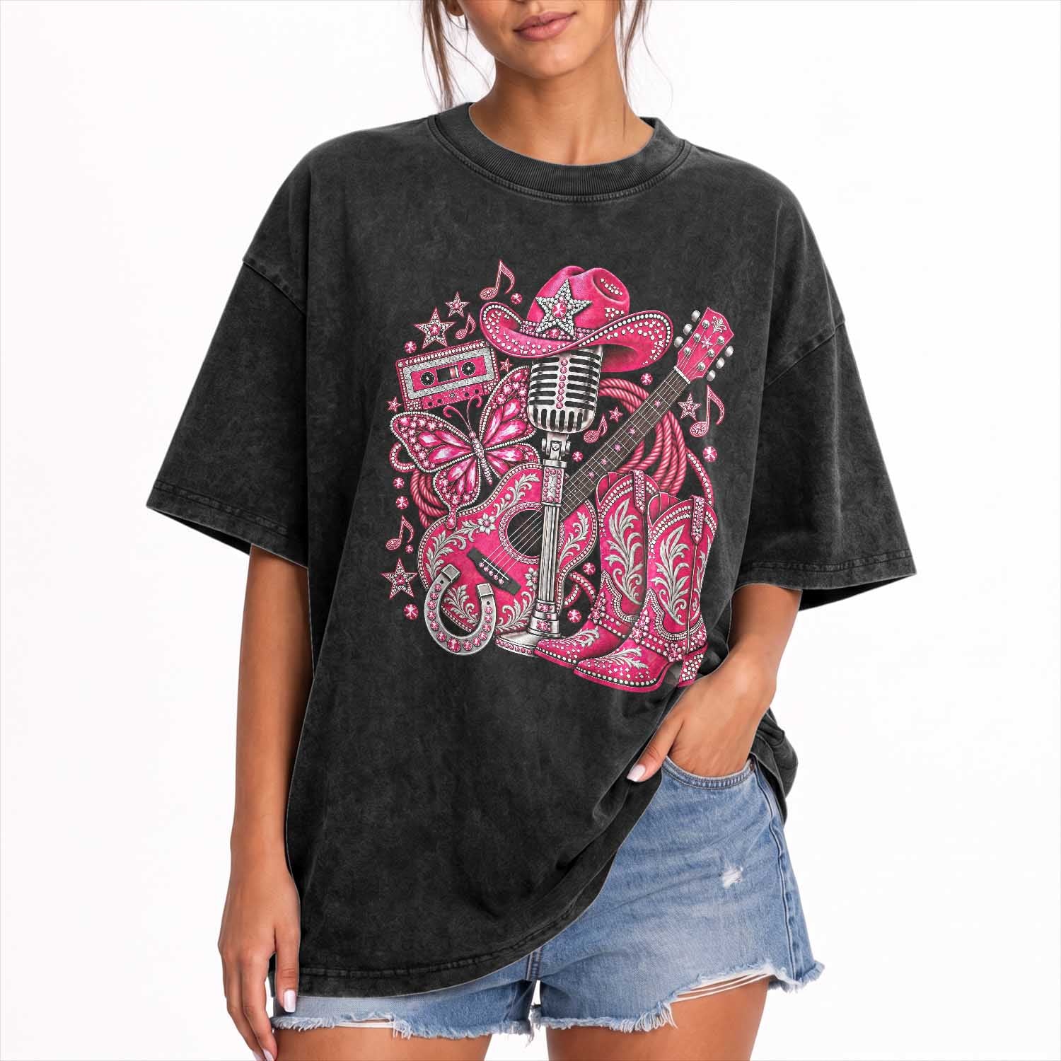 Pink Glam Cowgirl Boots Butterfly Rhinestone Country Music Tribute Washed Cotton T-Shirt