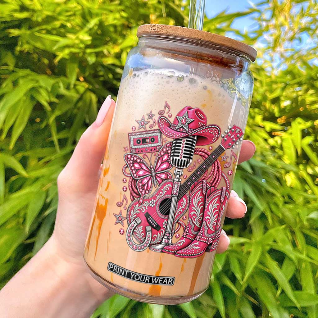 Pink Glam Cowgirl Boots Butterfly Rhinestone Country Music Tribute Glass Can