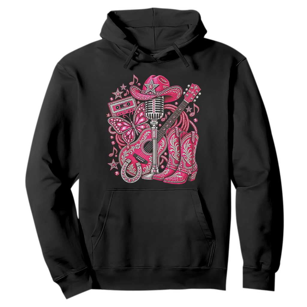 Pink Glam Cowgirl Boots Butterfly Rhinestone Country Music Tribute Hoodie