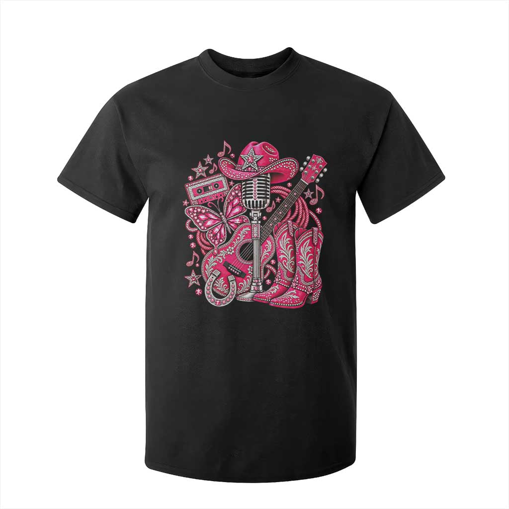 Pink Glam Cowgirl Boots Butterfly Rhinestone Country Music Tribute T Shirt For Kid