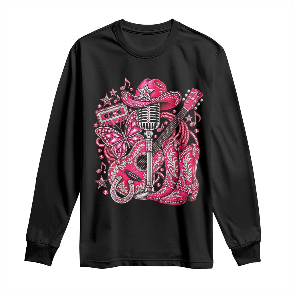 Pink Glam Cowgirl Boots Butterfly Rhinestone Country Music Tribute Long Sleeve Shirt