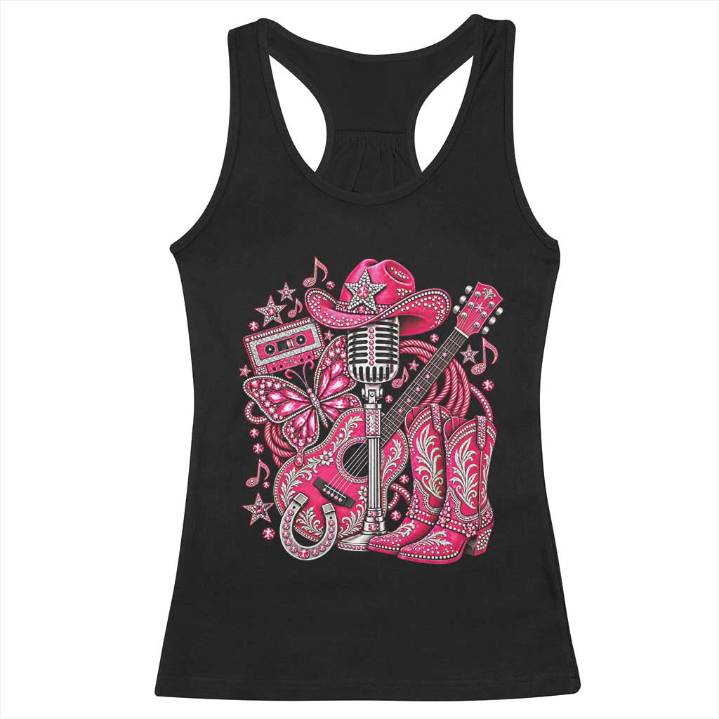 Pink Glam Cowgirl Boots Butterfly Rhinestone Country Music Tribute Racerback Tank Top