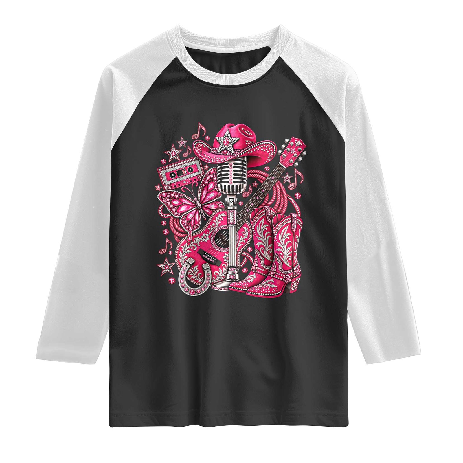 Pink Glam Cowgirl Boots Butterfly Rhinestone Country Music Tribute Raglan Shirt