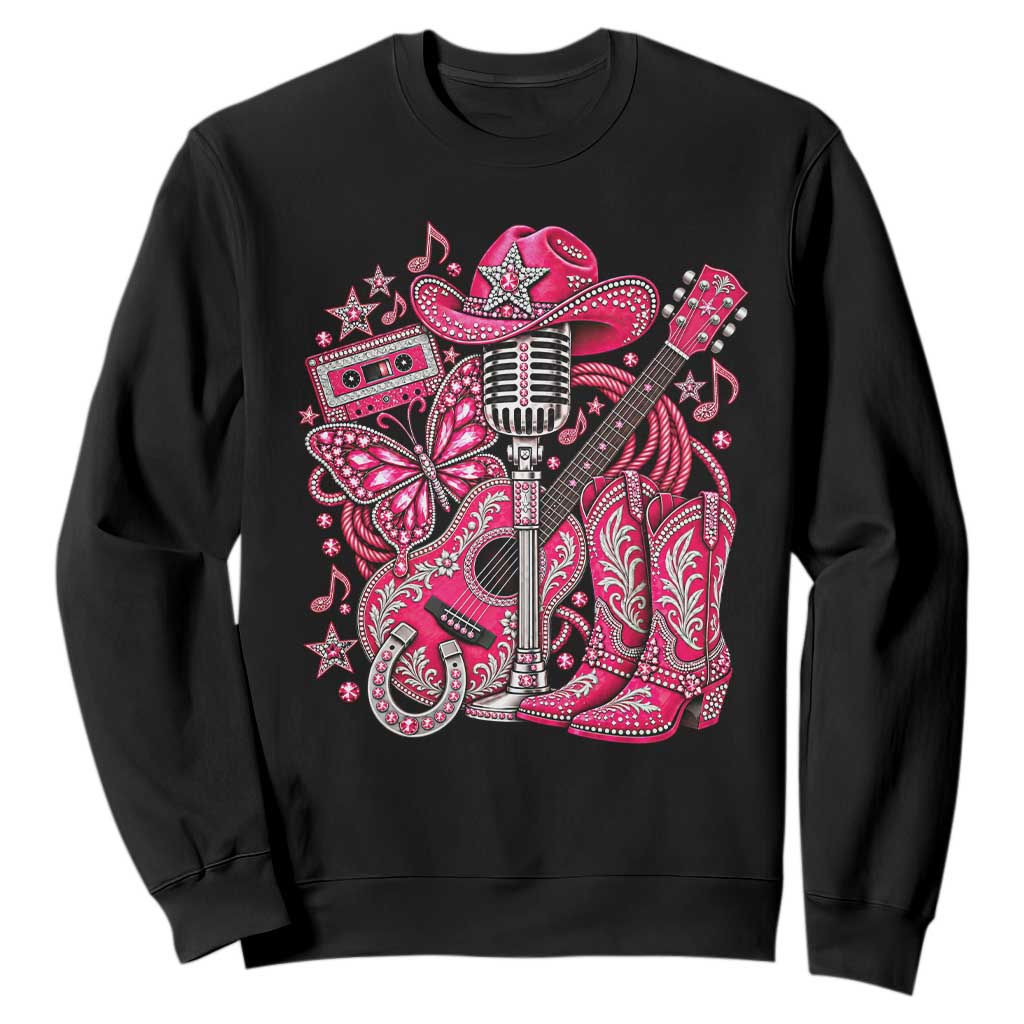 Pink Glam Cowgirl Boots Butterfly Rhinestone Country Music Tribute Sweatshirt