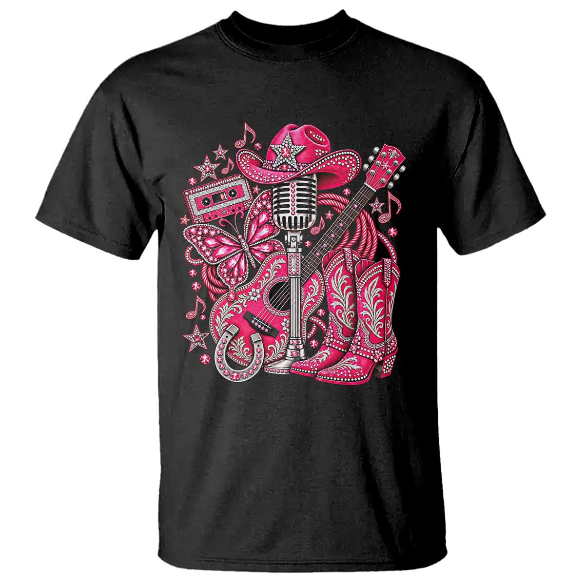 Pink Glam Cowgirl Boots Butterfly Rhinestone Country Music Tribute T Shirt