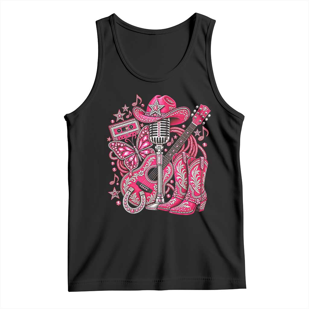 Pink Glam Cowgirl Boots Butterfly Rhinestone Country Music Tribute Tank Top