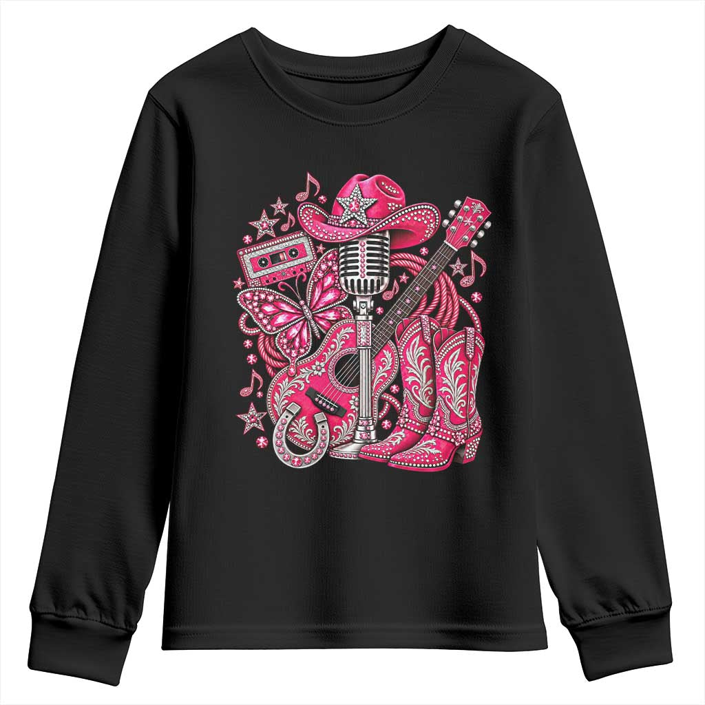Pink Glam Cowgirl Boots Butterfly Rhinestone Country Music Tribute Youth Sweatshirt
