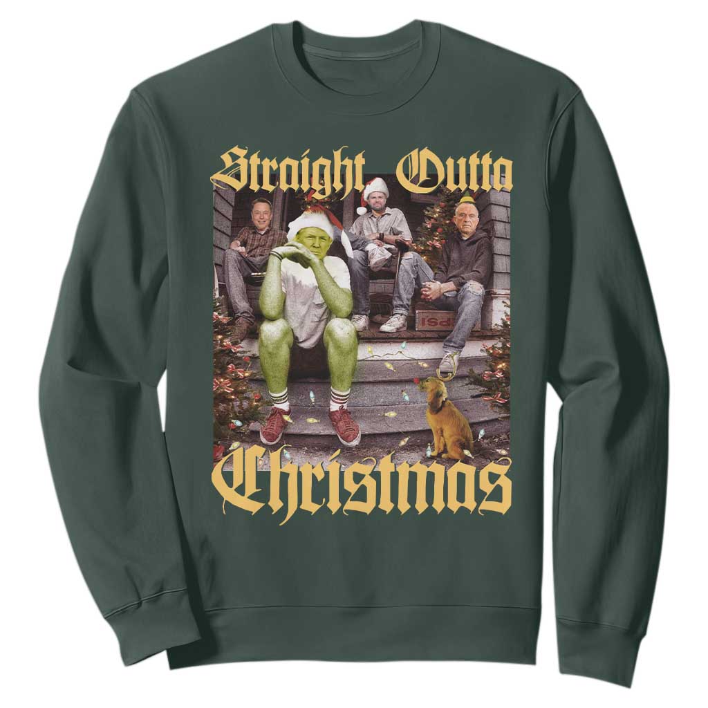 Humorous Trump Christmas Sweatshirt Straight Outta Xmas Movie TS10 Dark Forest Green Print Your Wear