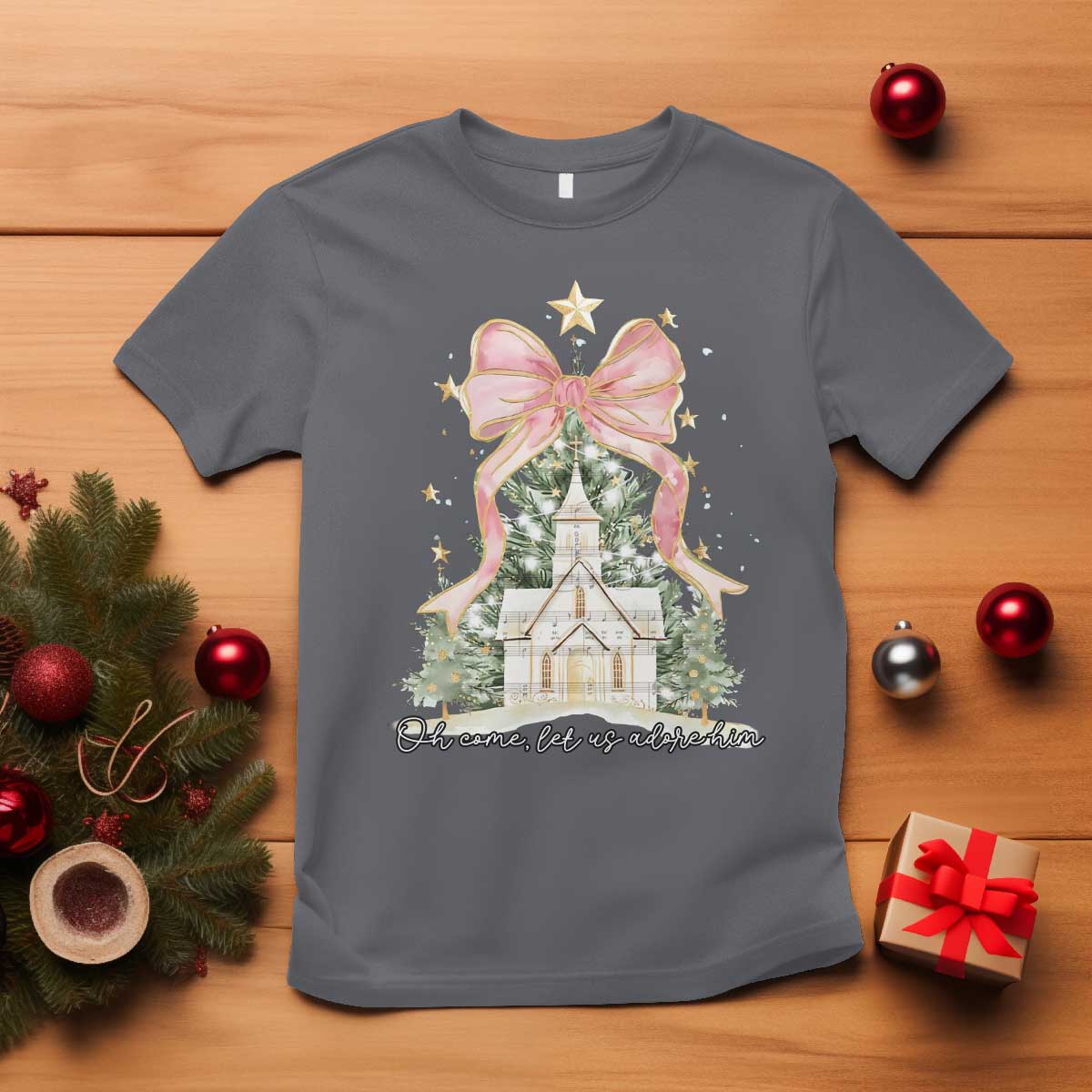 Christian Christmas T Shirt Oh Come Let Us Adore Him Nativity Christmas Tree Bow TS10 Charcoal Print Your Wear