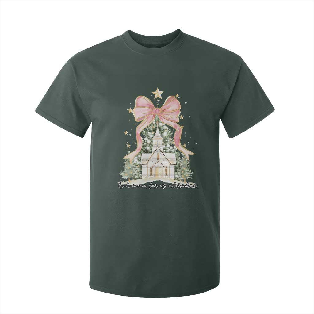 Christian Christmas T Shirt For Kid Oh Come Let Us Adore Him Nativity Christmas Tree Bow TS10 Dark Forest Green Print Your Wear