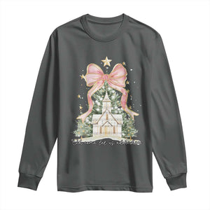 Christian Christmas Long Sleeve Shirt Oh Come Let Us Adore Him Nativity Christmas Tree Bow TS10 Dark Heather Print Your Wear