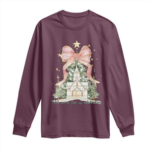 Christian Christmas Long Sleeve Shirt Oh Come Let Us Adore Him Nativity Christmas Tree Bow TS10 Maroon Print Your Wear