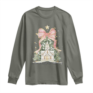 Christian Christmas Long Sleeve Shirt Oh Come Let Us Adore Him Nativity Christmas Tree Bow TS10 Military Green Print Your Wear