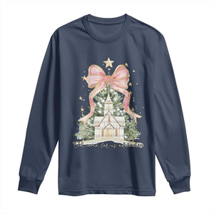 Christian Christmas Long Sleeve Shirt Oh Come Let Us Adore Him Nativity Christmas Tree Bow TS10 Navy Print Your Wear