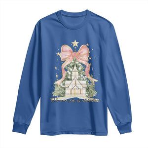 Christian Christmas Long Sleeve Shirt Oh Come Let Us Adore Him Nativity Christmas Tree Bow TS10 Royal Blue Print Your Wear