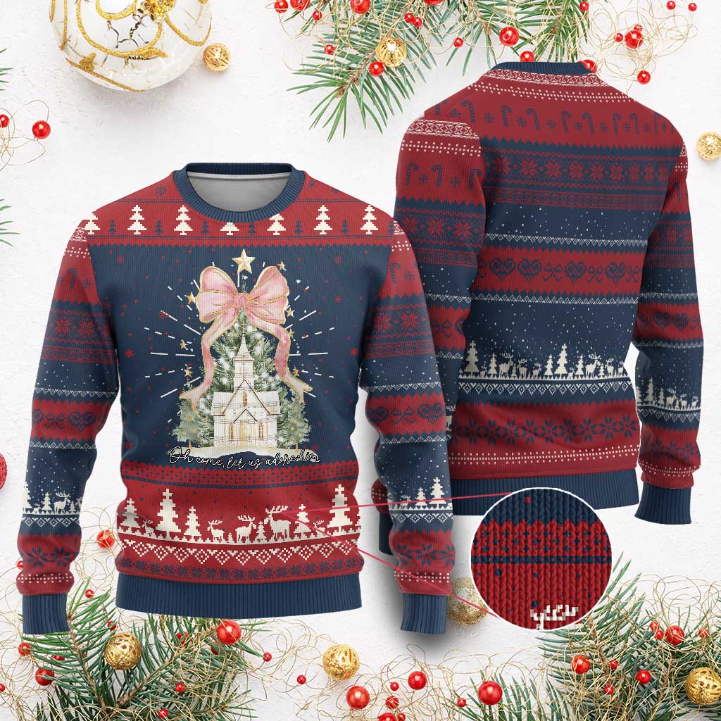 Christian Christmas Knit Sweatshirt Oh Come Let Us Adore Him Nativity Christmas Tree Bow TS10 Burgundy Print Your Wear