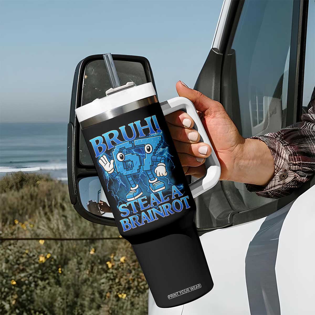 Bruh 6 7 Steal a Brainrot Tumbler With Handle 6-7 Funny Brainrot Meme Six Seven Bootleg TS10 Print Your Wear