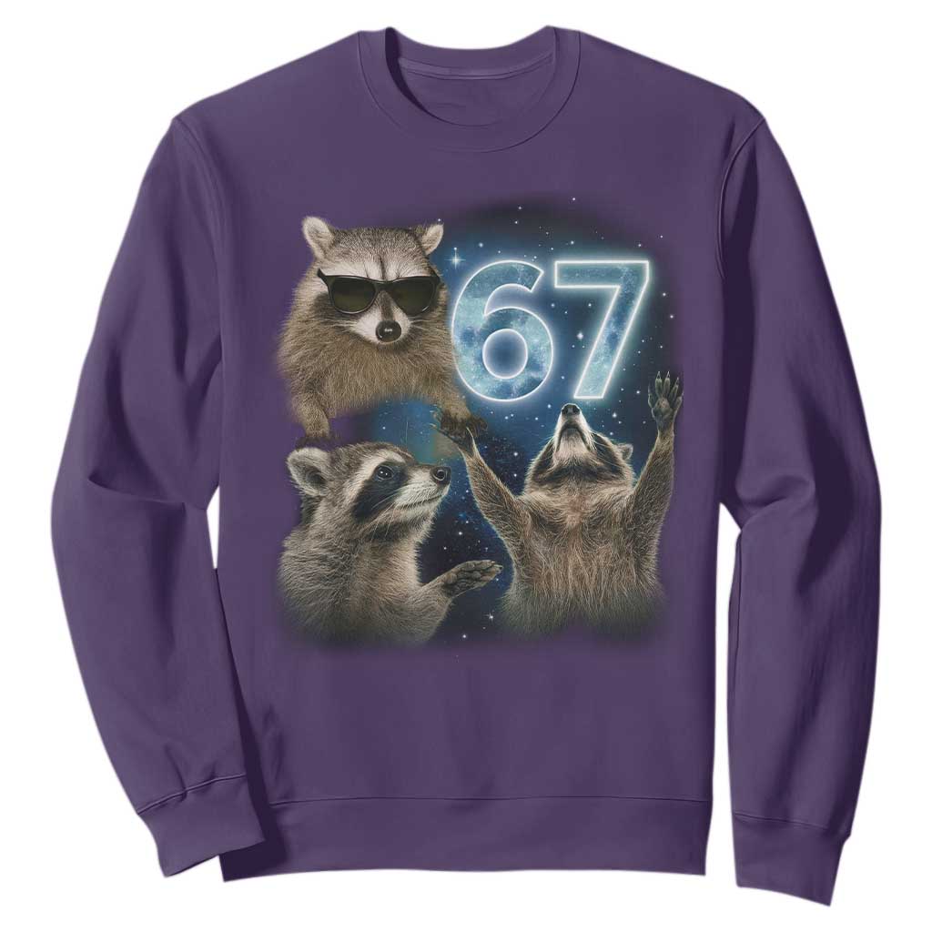 Funny 67 Raccoon Meme Sweatshirt Howling at The Moon Funny Six Seven Weird Cursed TS10 Purple Print Your Wear