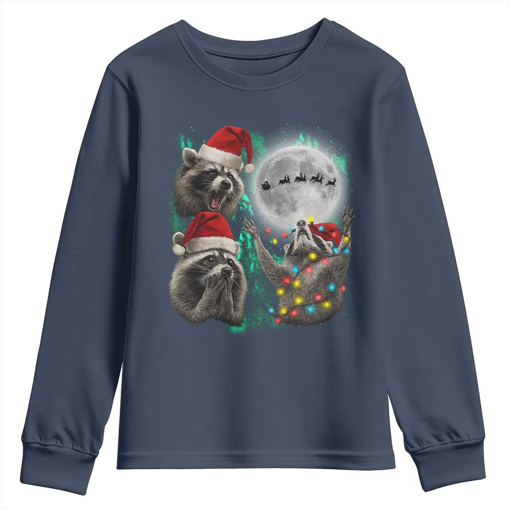 3 Raccoons Howling At Moon Christmas Youth Sweatshirt Funny Weird Cursed Meme TS10 Navy Print Your Wear